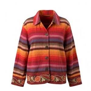 Tan Zara Women's Cotton Multicolored Stripes Shirt Floral Jacket, Red Orange‎